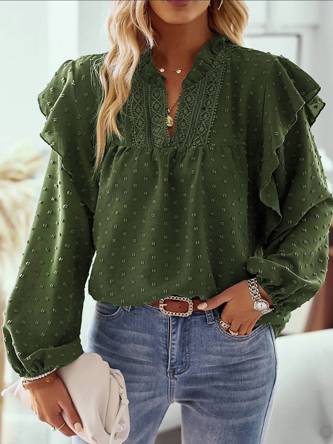 

StyleCast x Revolte Women Mandarin Collar Bishop Sleeves Ruffles Top, Green