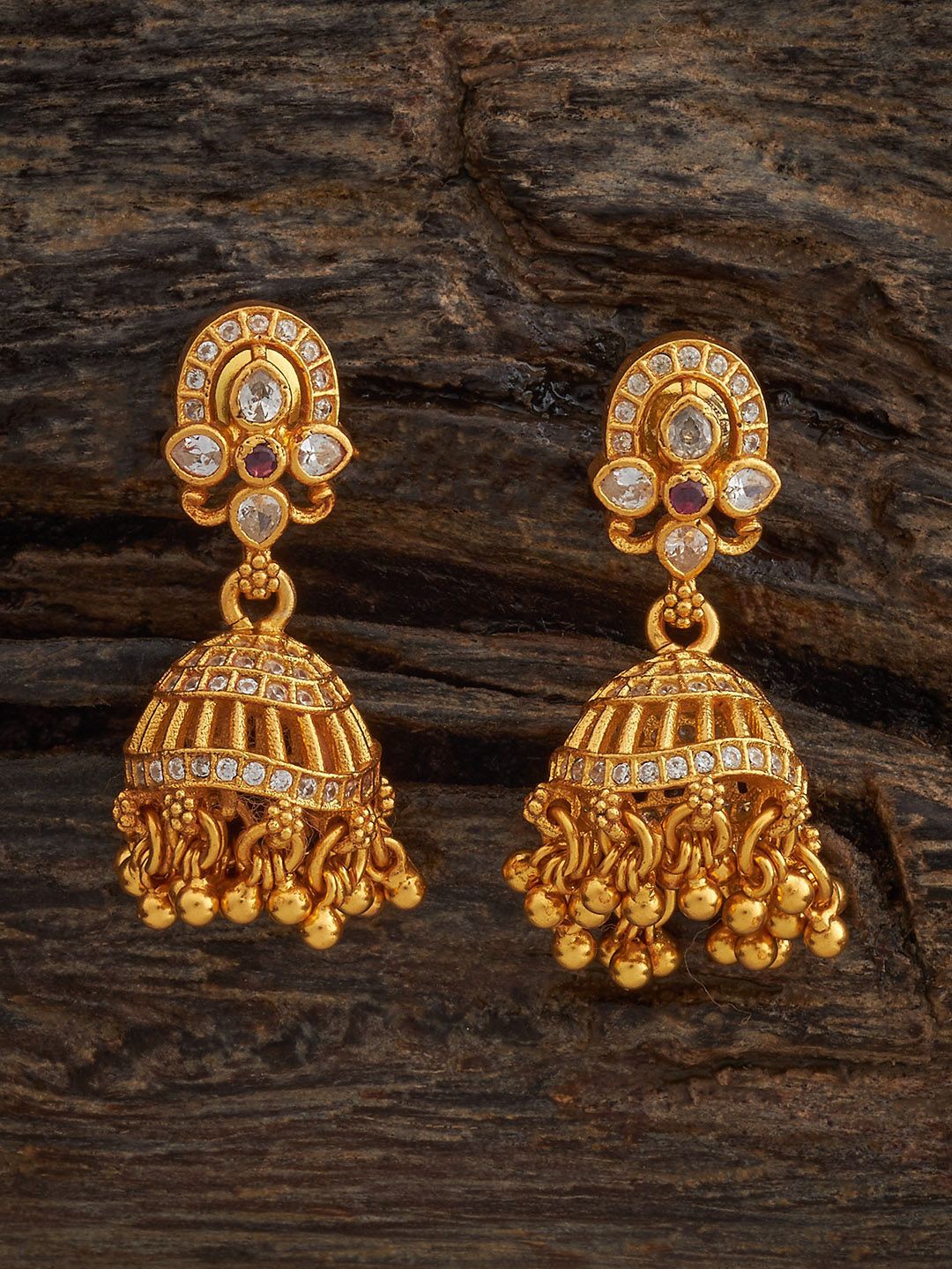 

Kushal's Fashion Jewellery 92.5 Pure Silver Gold-Plated Zircon Studded Dome Shaped Jhumkas
