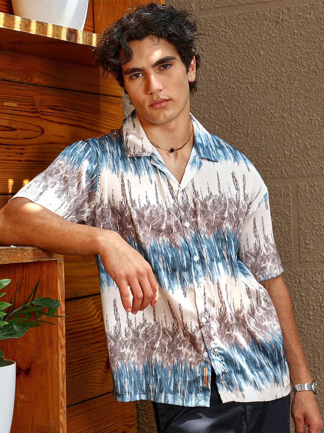 

Campus Sutra Men Comfort Relaxed Fit Cuban Collar Abstract Printed Casual Shirt, Blue