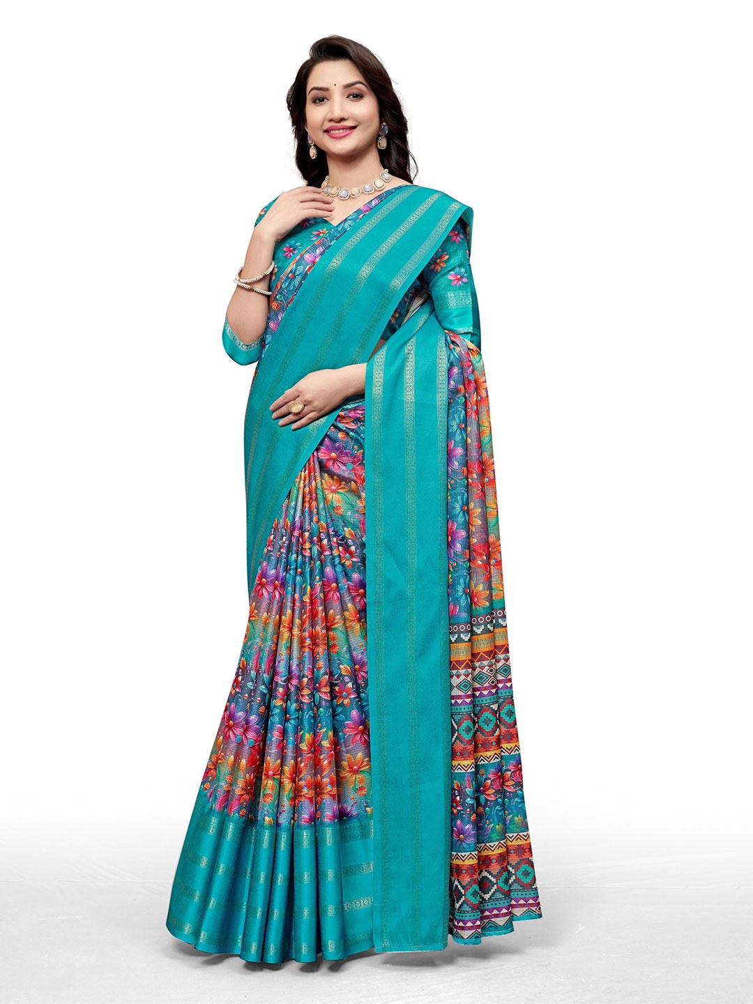 

miss mellow Floral Printed Zari Banarasi Saree, Teal