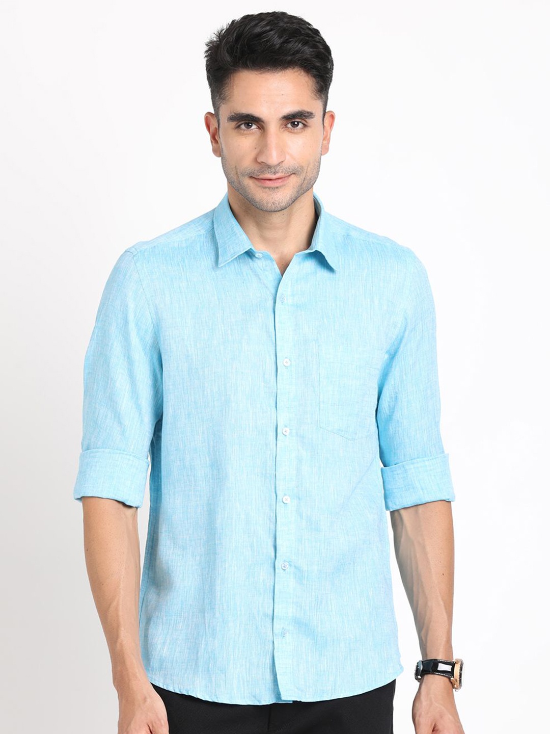 

Turtle Men Standard Fit Spread Collar Solid Linen Casual Shirt, Blue