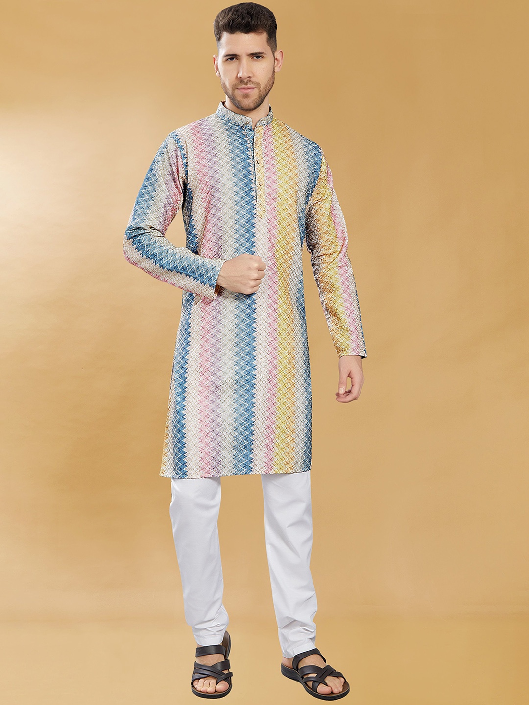 

DIVISIVE Band Collar Geometric Embroidered Sequinned Slim Fit Straight Kurta, Pink