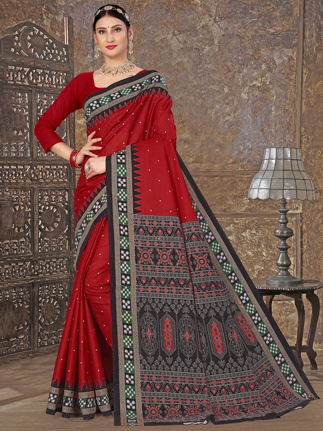 

pasapalli Pure Cotton Sambalpuri Saree, Red