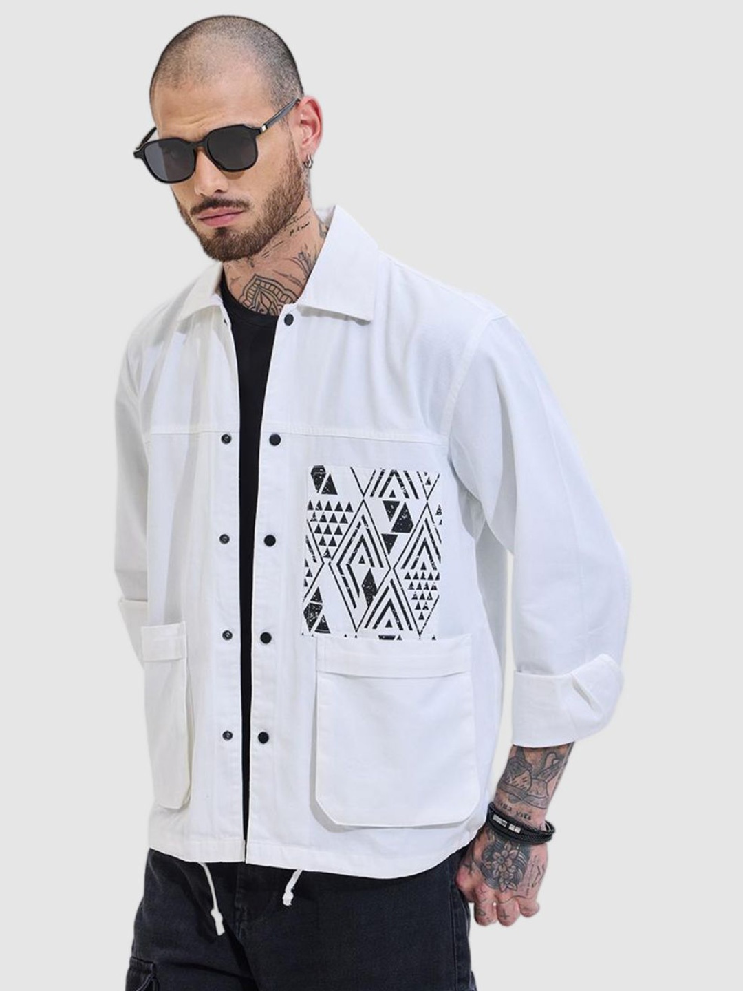 

Snitch Men Spread Collar Geometric Printed Cotton Casual Tailored Jacket, White