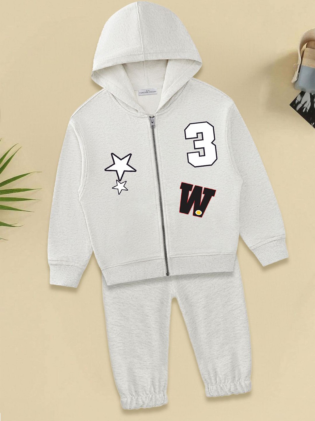 

FOREVER FRIDAY Girls Printed Hooded Pure Cotton Sweatshirt With Joggers, Grey