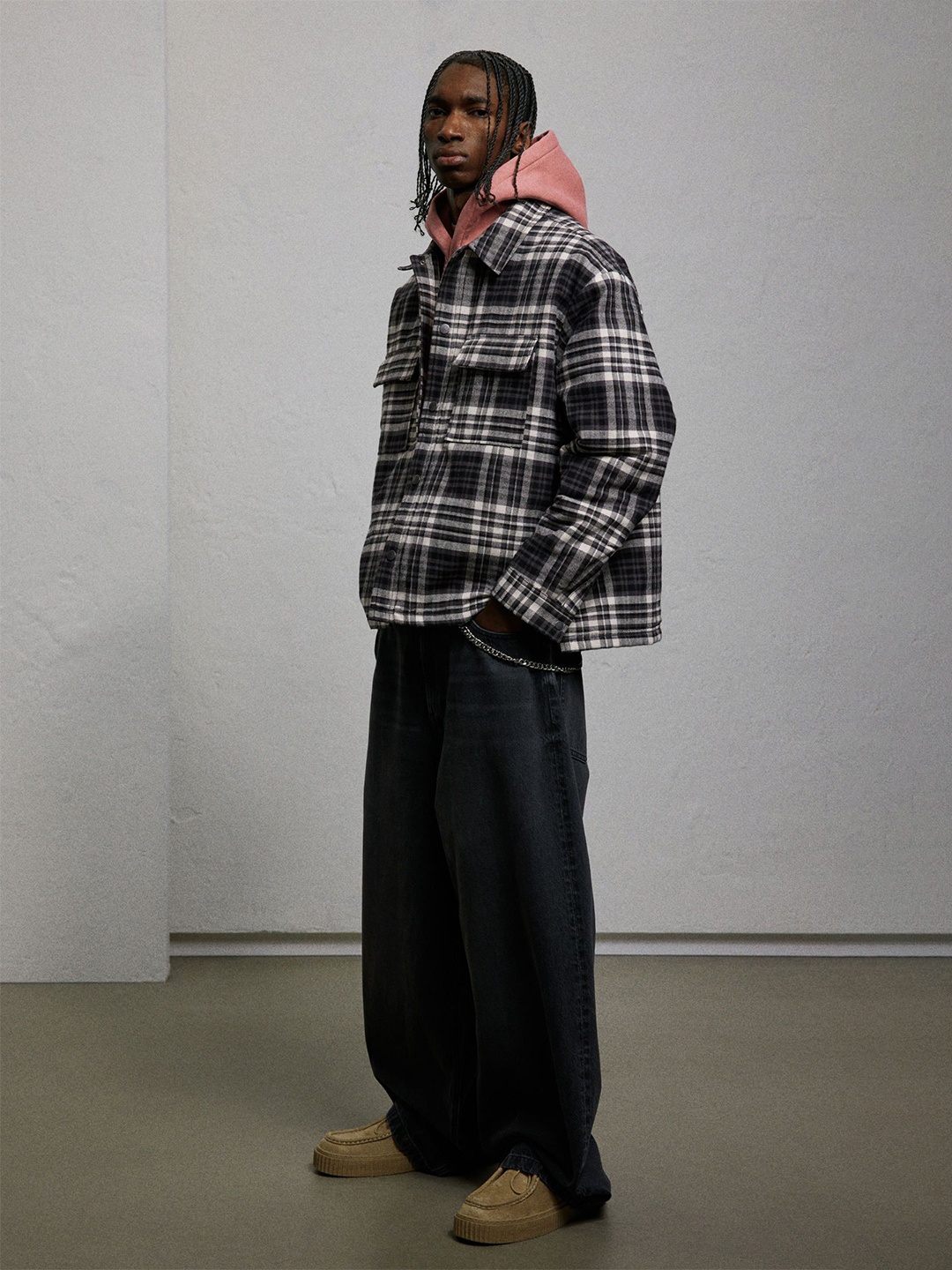 

H&M Oversized Fit Flannel Overshirt, Grey