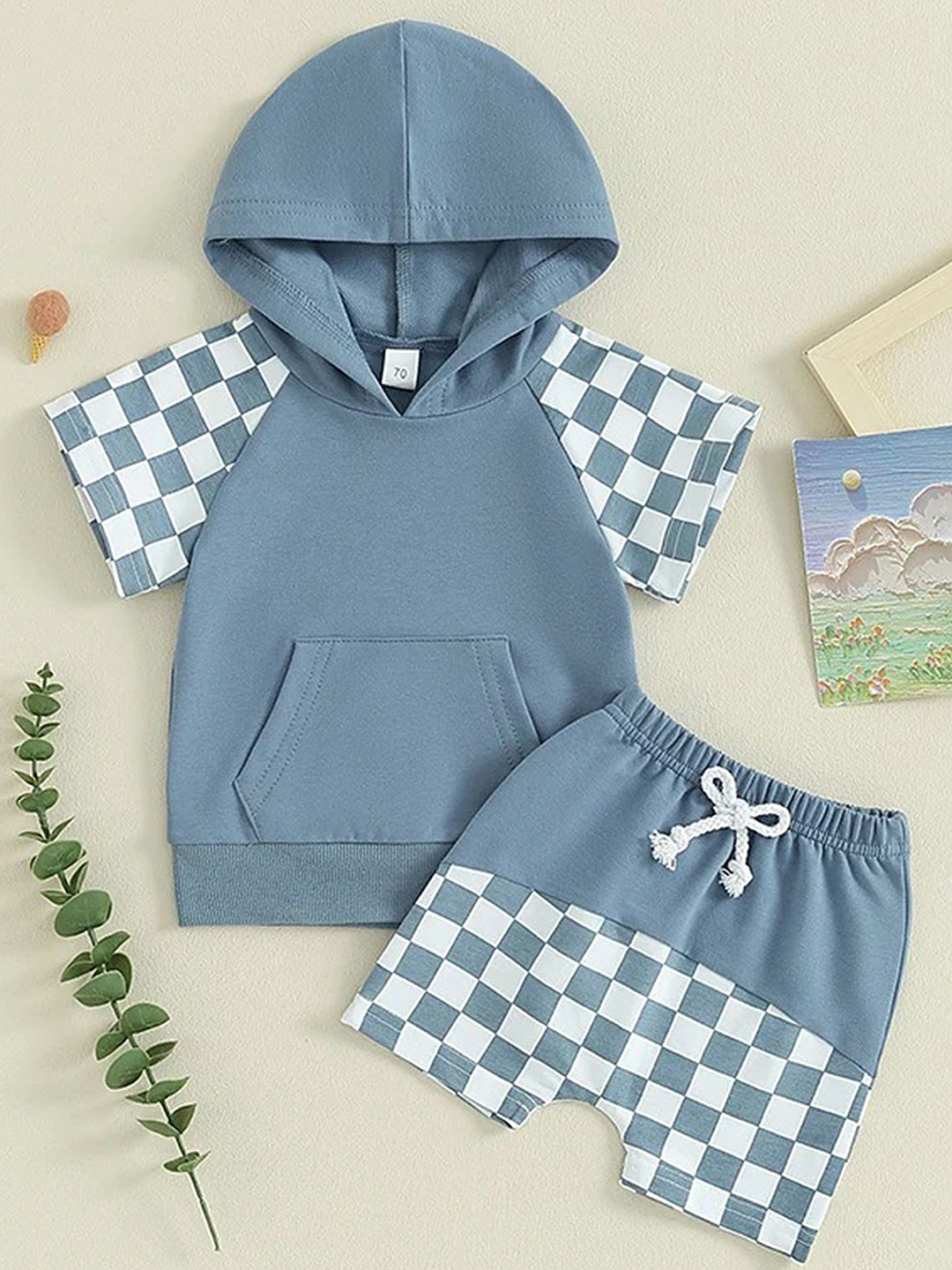

LULU & SKY Boys Checked Pure Cotton Sweatshirt With Shorts, Blue