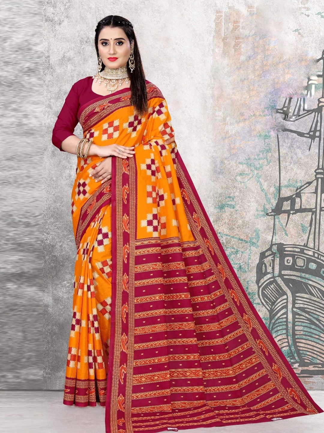 

pasapalli Pure Cotton Sambalpuri Saree, Orange