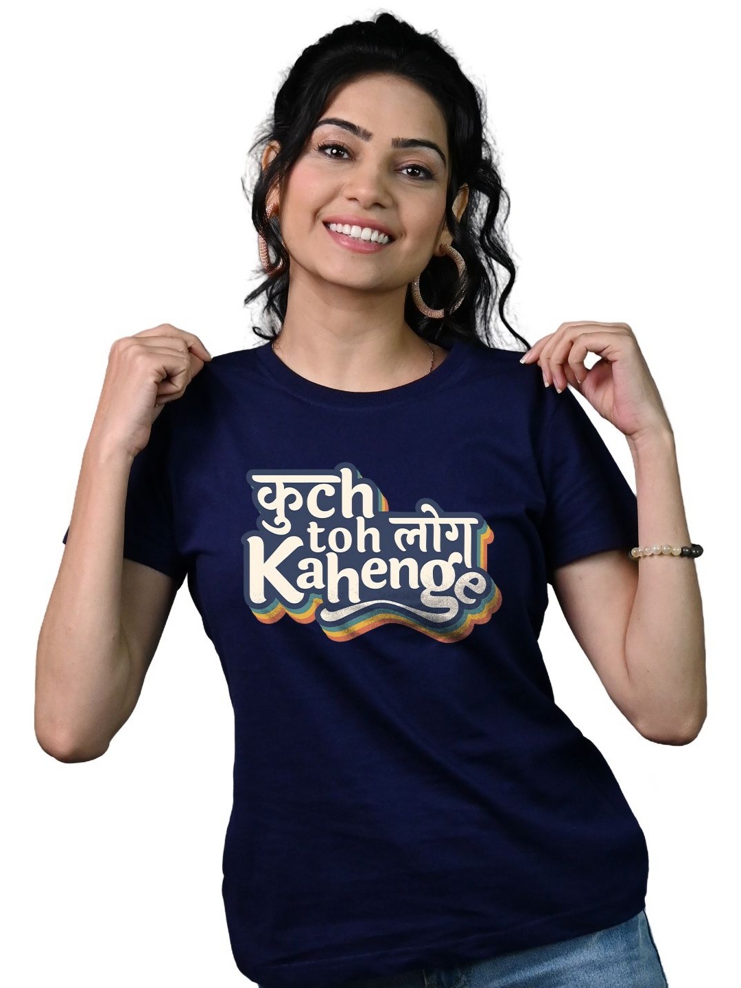 

Tedhi Medhi Family Women Typography Printed Round Neck Cotton T-shirt, Navy blue