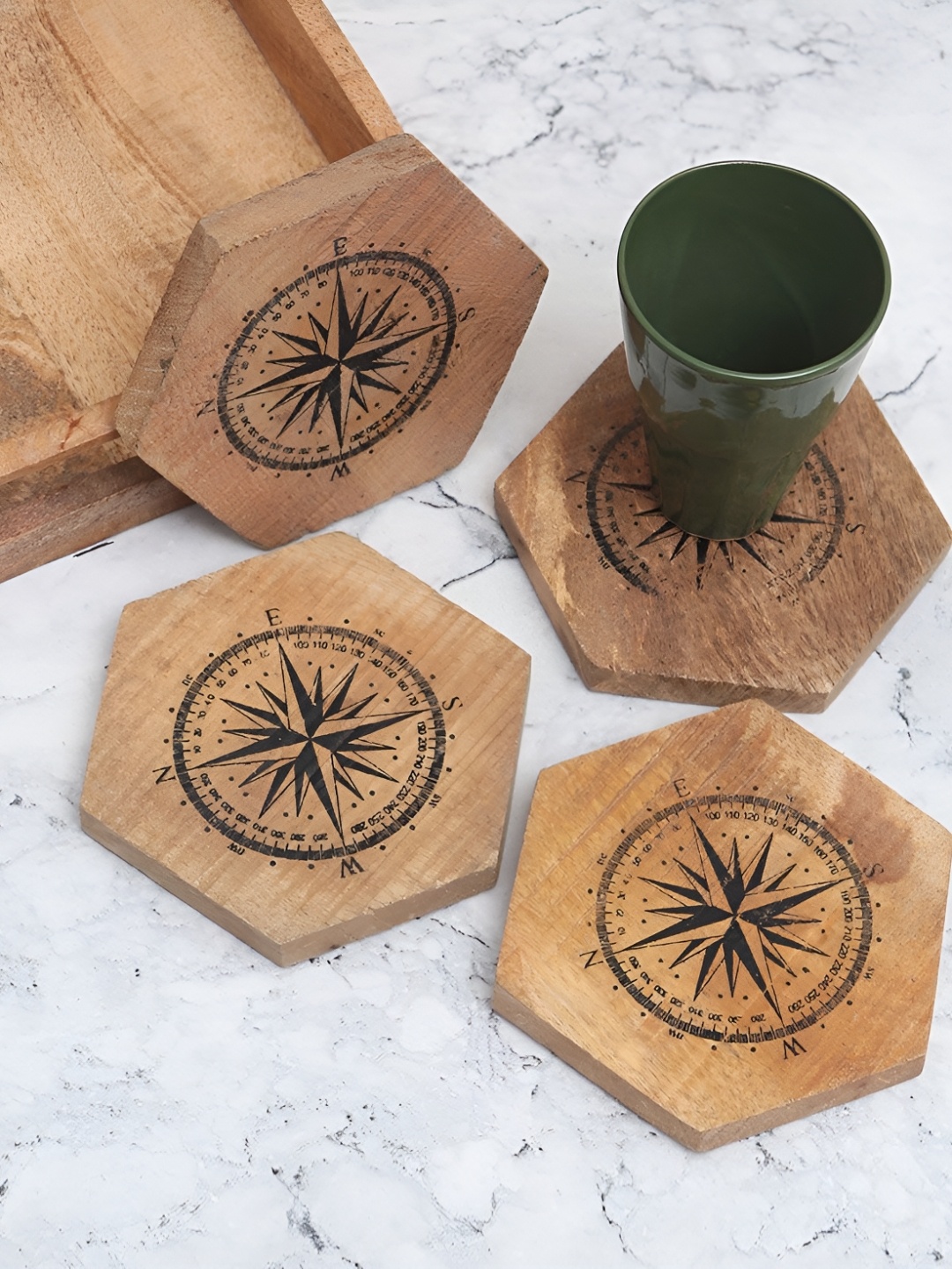 

Indianshelf Brown & Black 4 Pieces Quirky Printed Wooden Hexagonal Shaped Coasters