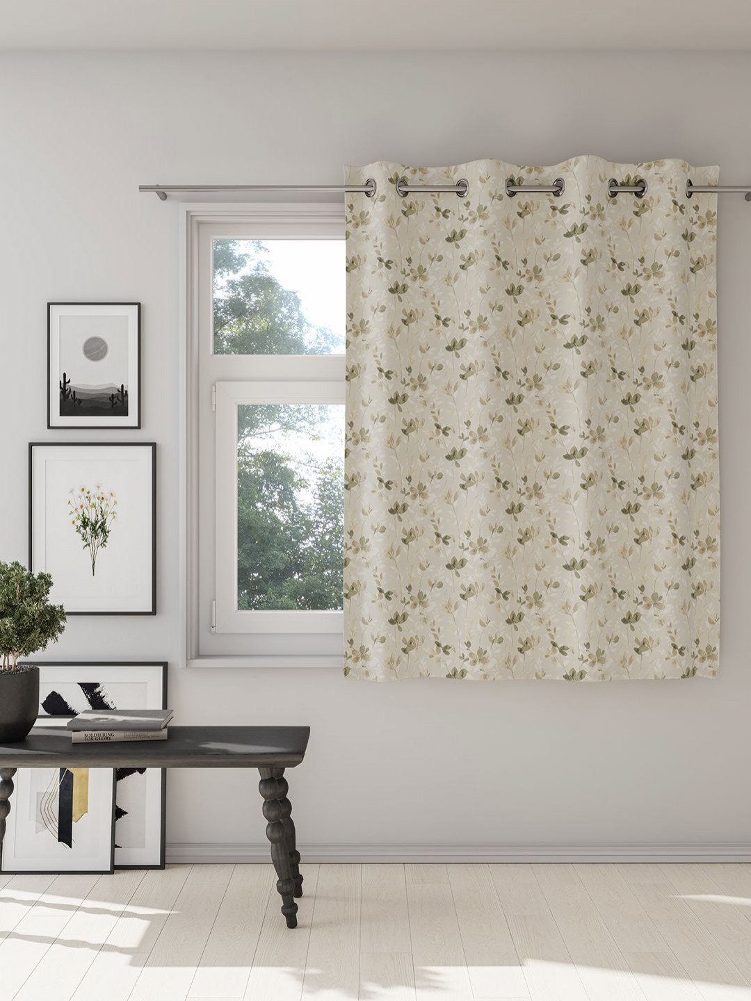

DDecor White & Green Floral Room Darkening Window Curtain