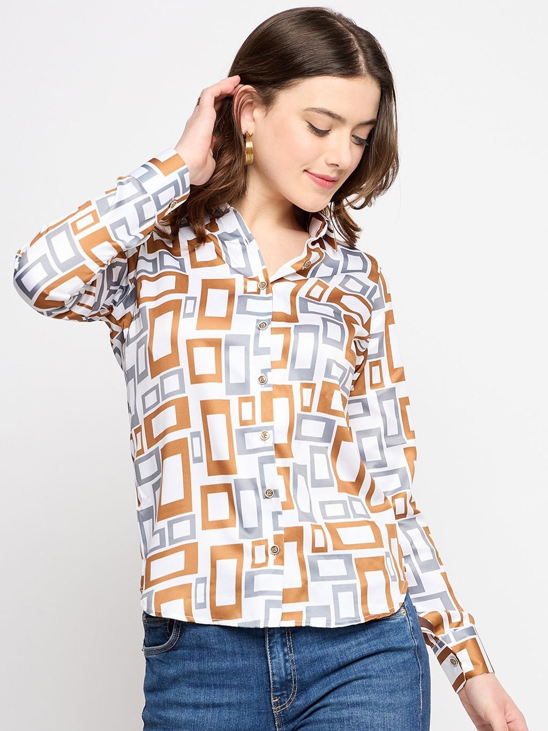 

Novio Women Comfort Fit Spread Collar Geometric Printed Satin Casual Shirt, White
