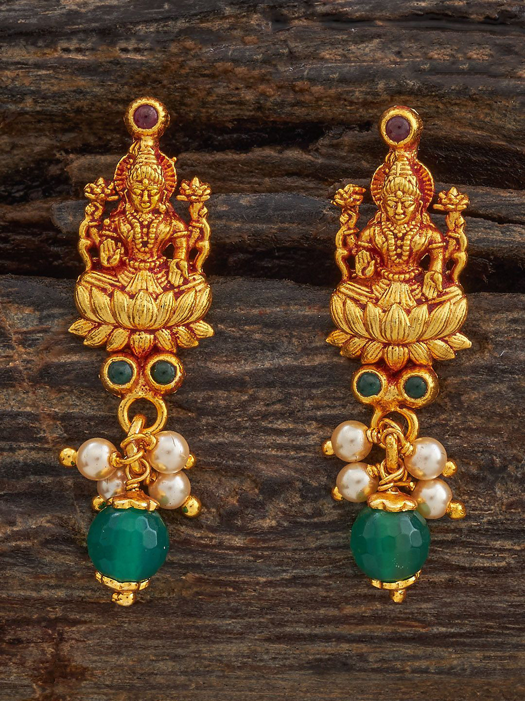 

Kushal's Fashion Jewellery 92.5 Pure Silver Gold-Plated Beaded Temple Drop Earrings