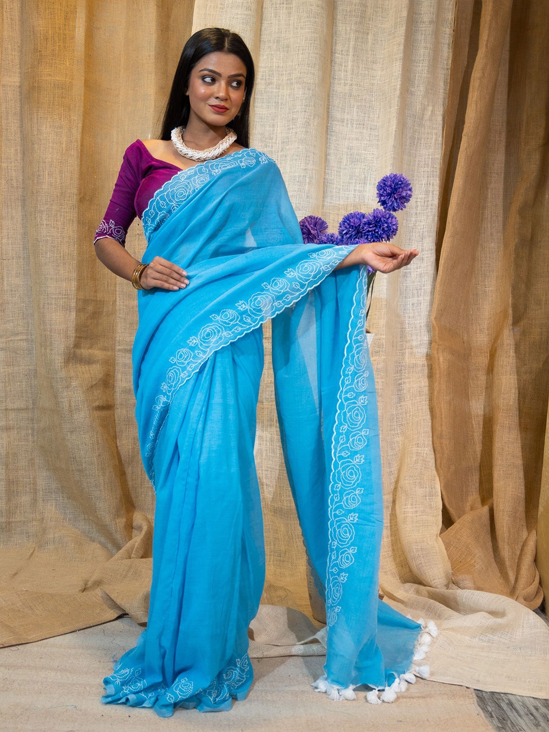 

Uttariya Embroidered Pure Cotton Designer Saree, Turquoise blue