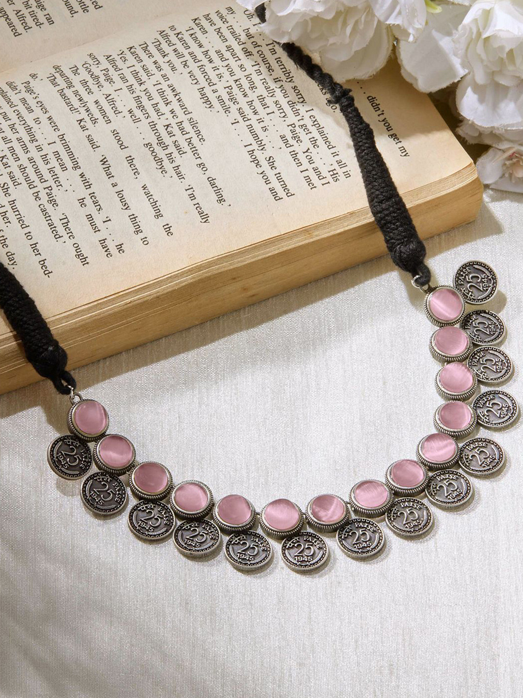 

Priyaasi Brass Silver-Plated Quartz Stone Studded Oxidised Necklace