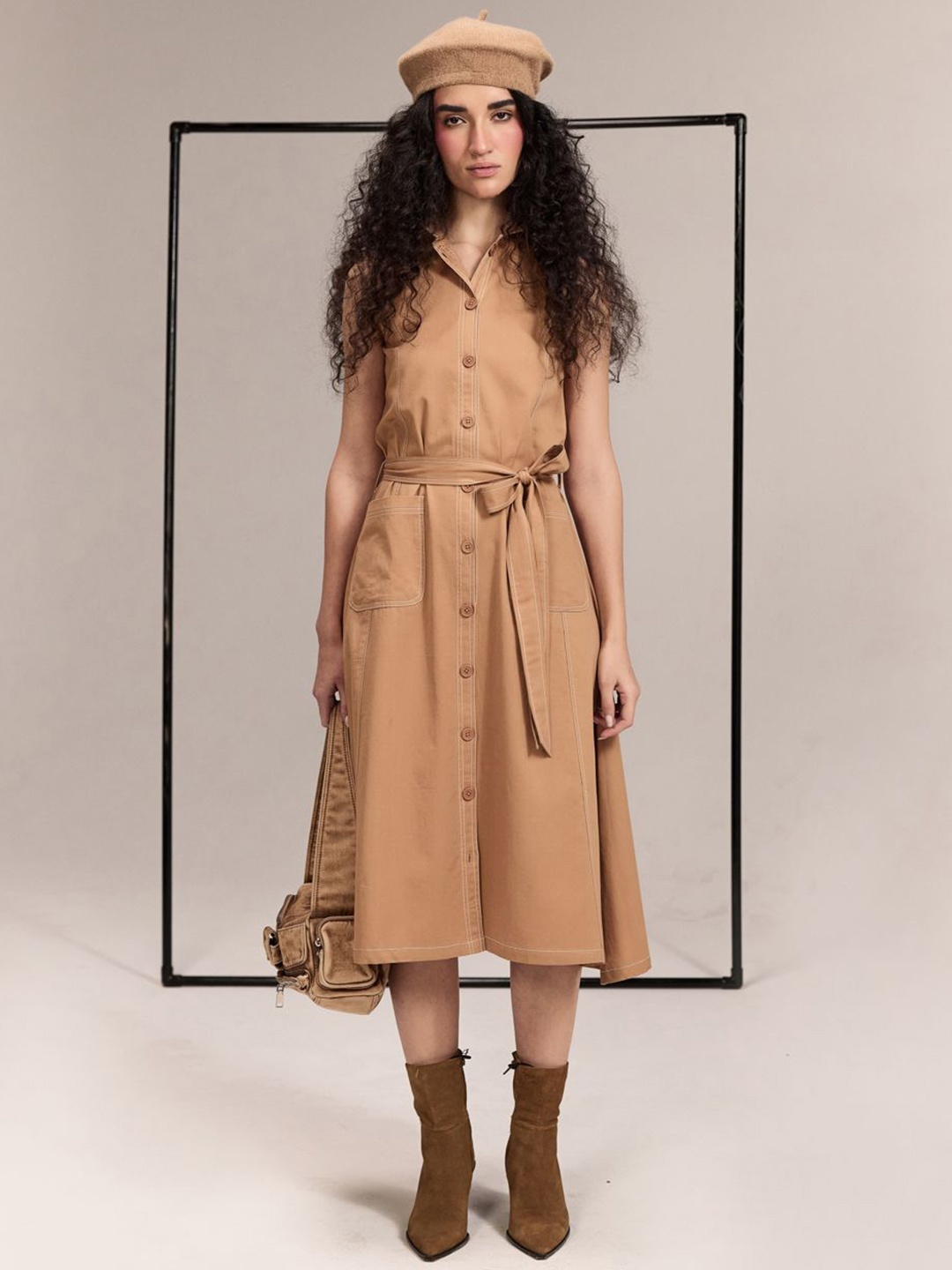 

Midsummer Caramel White Sleeveless Dress, Camel brown