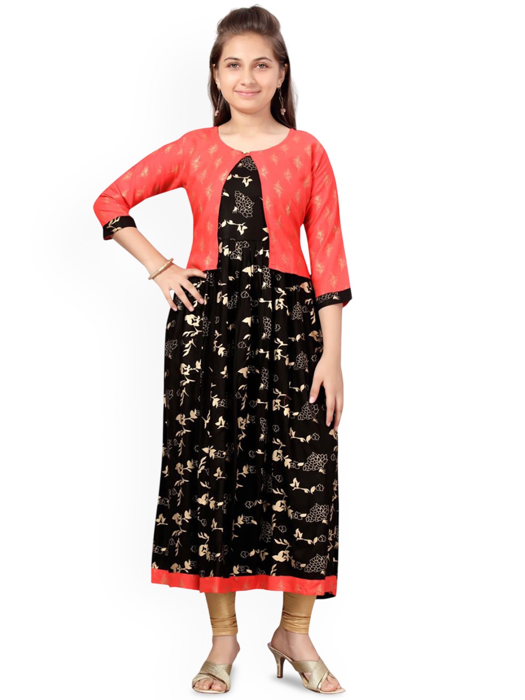 

Sangria Girls Black Ethnic Motifs Printed Pleated Round Neck Pure Cotton A-Line Kurta, Red