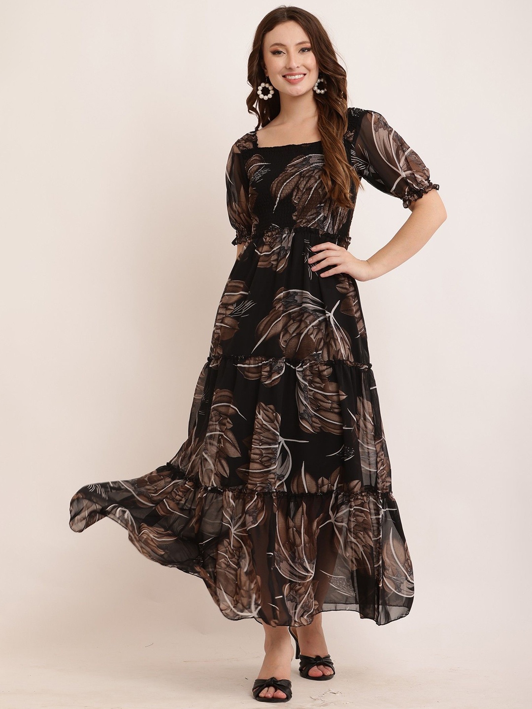 

Bright Nex Floral Print Puff Sleeve Georgette Fit & Flare Maxi Dress, Black