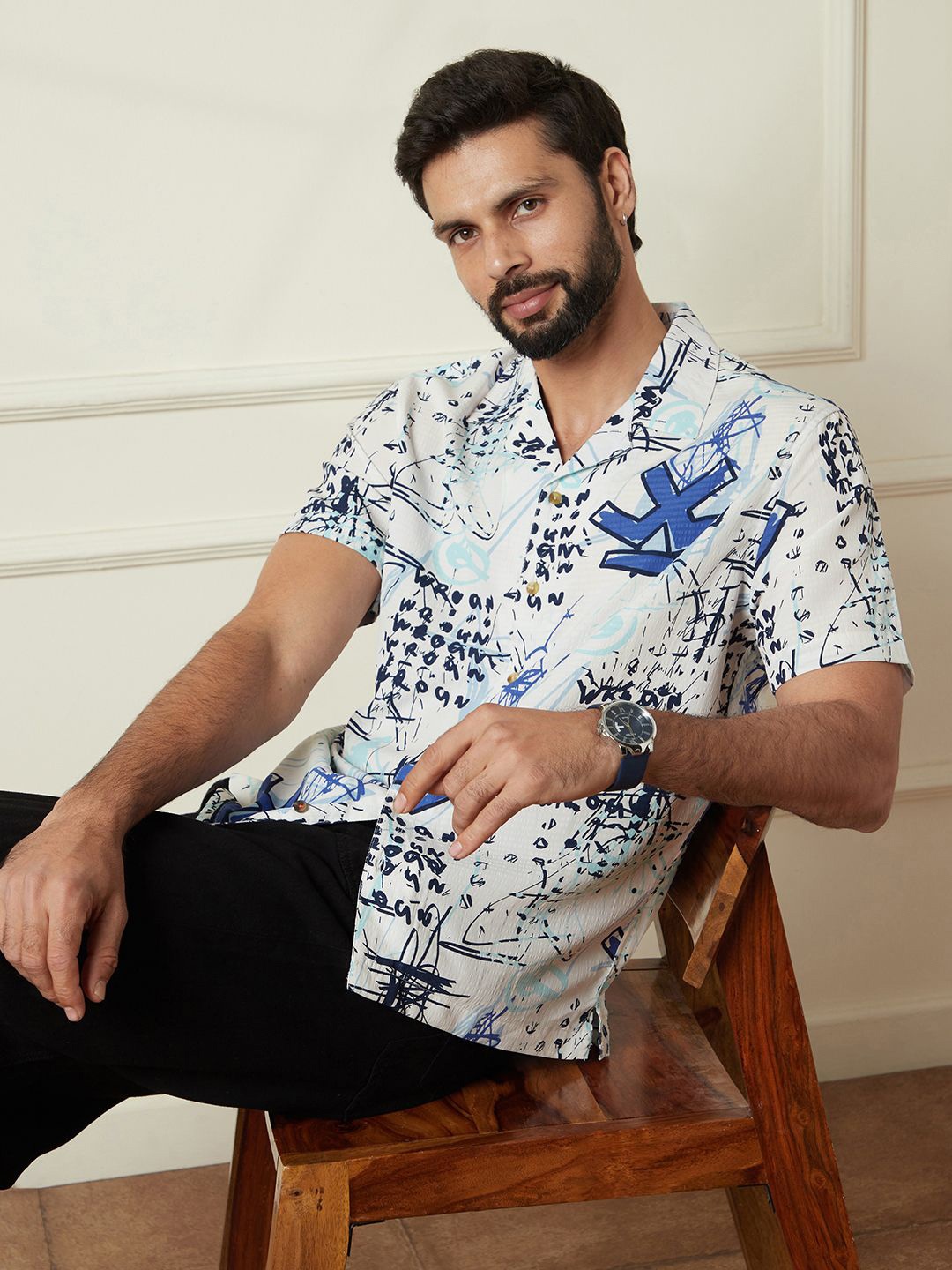 

WROGN Men Comfort Fit Cuban Collar Typography Printed Casual Shirt, Off white