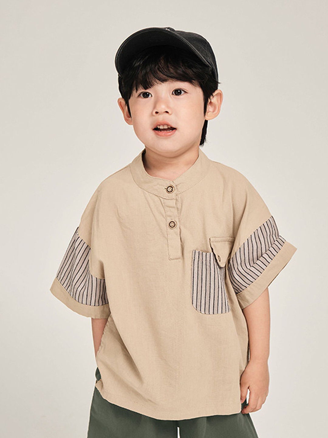 

LULU & SKY Boys Boxy Opaque Striped Casual Shirt, Khaki