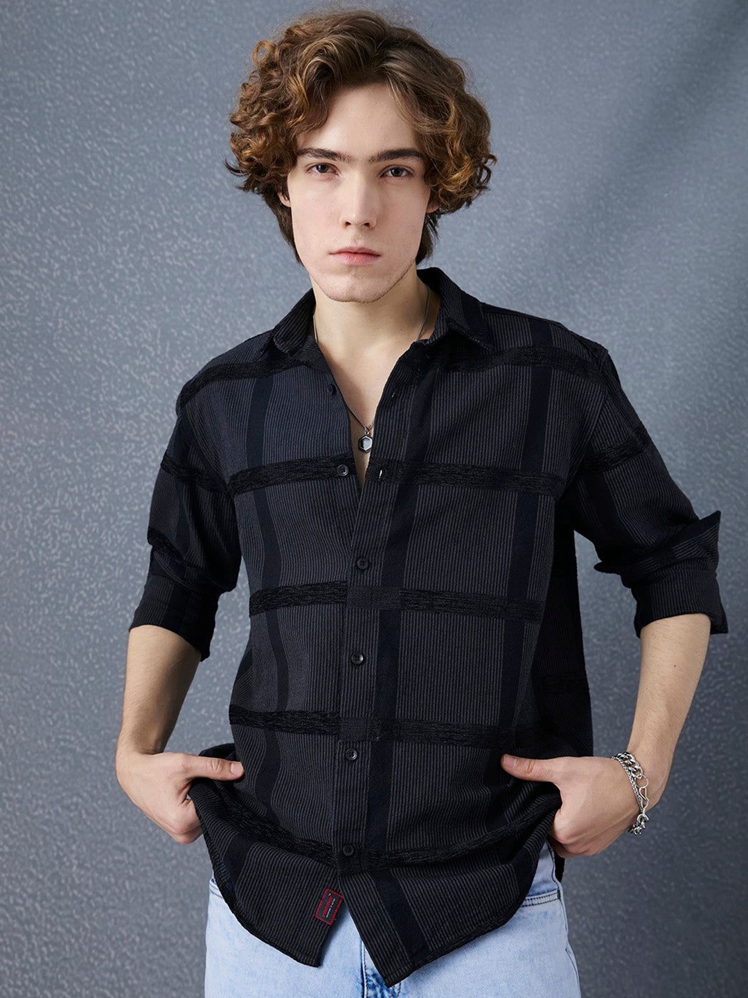 

Voltedge Men Premium Realxed Fit Textured Street Look Cotton Casual Shirt, Black