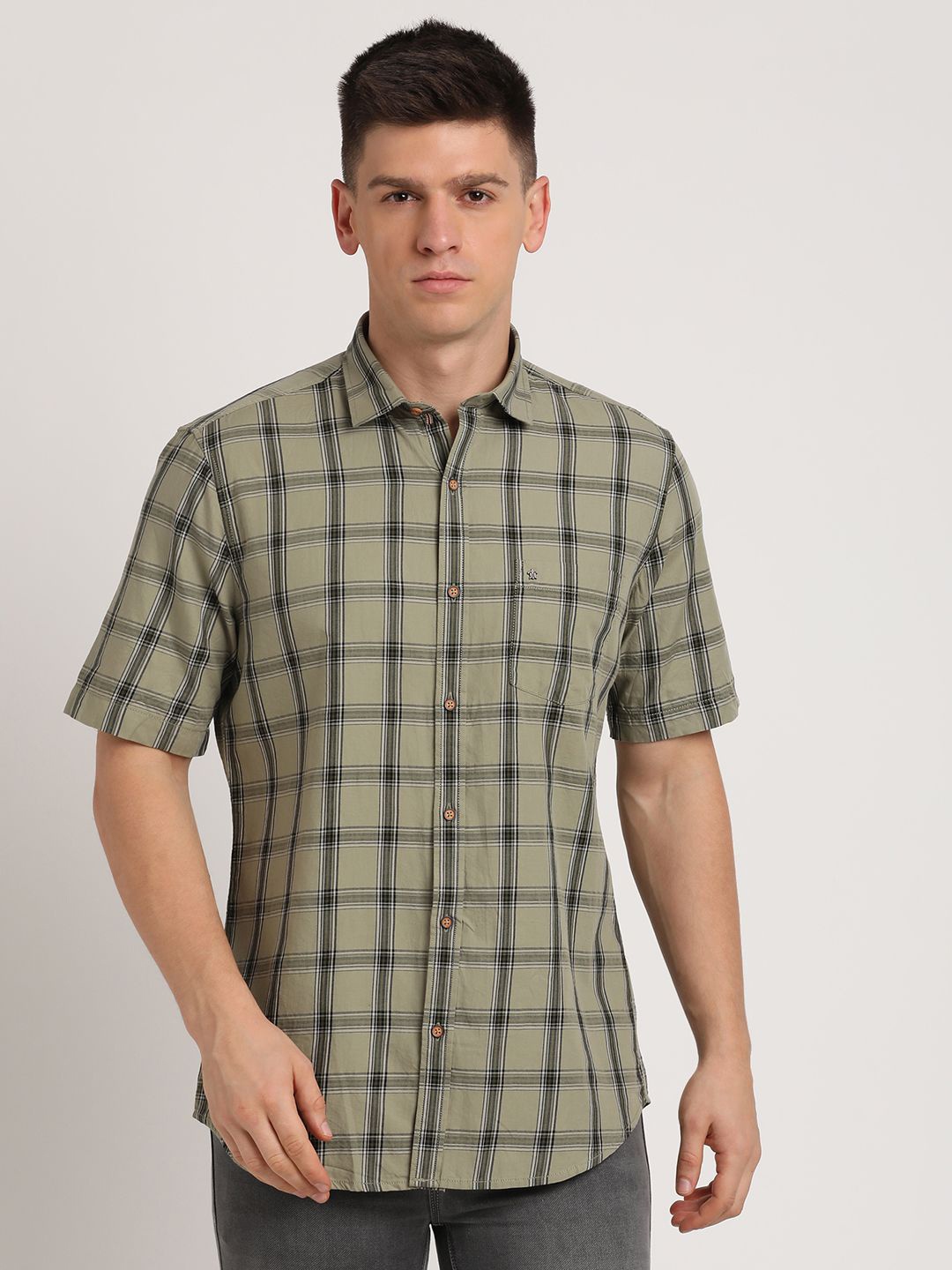 

Turtle Men Relaxed Fit Spread Collar Tartan Checked Cotton Casual Shirt, Olive