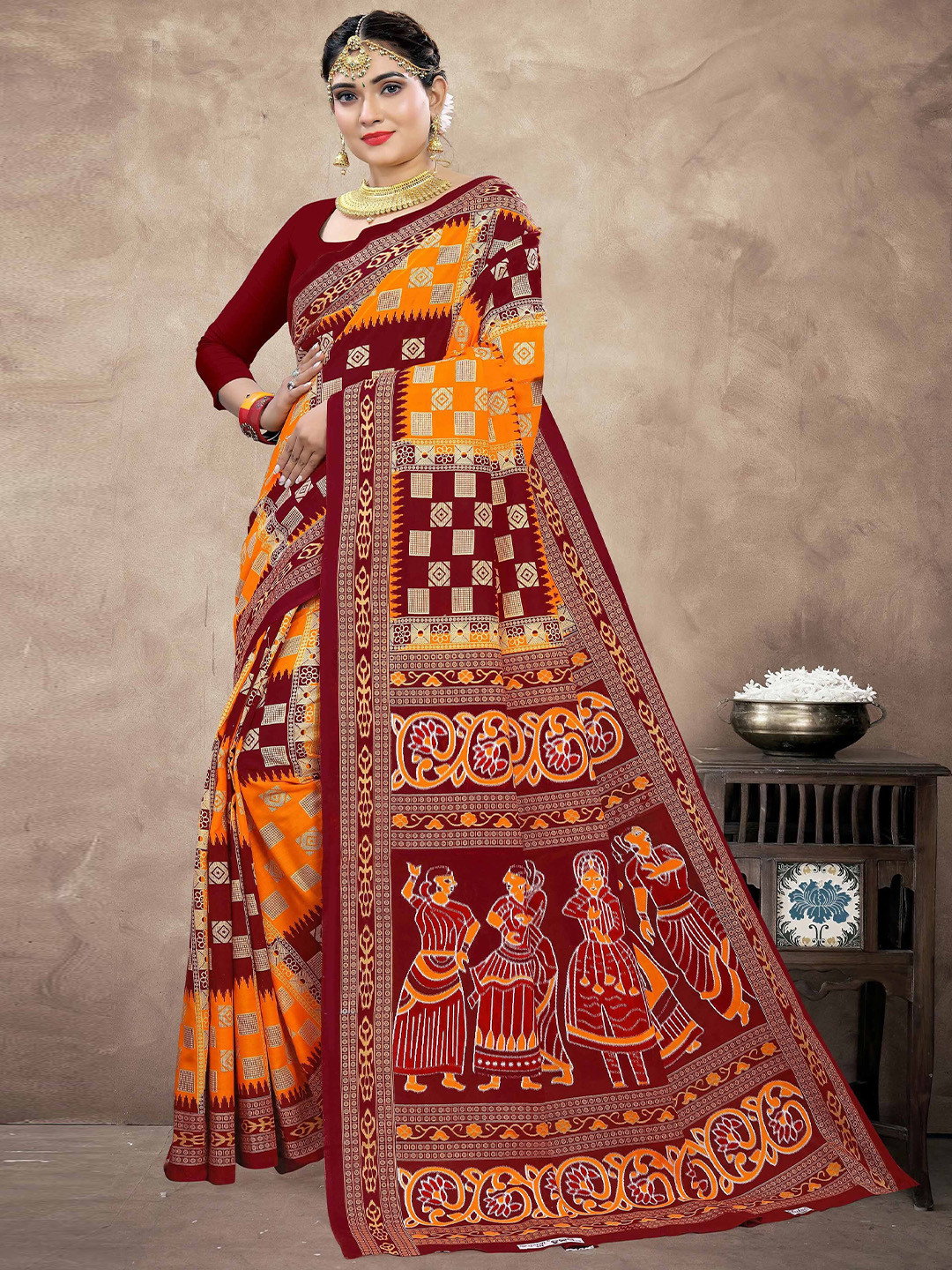 

pasapalli Ethnic Motifs Pure Cotton Sambalpuri Saree, Orange