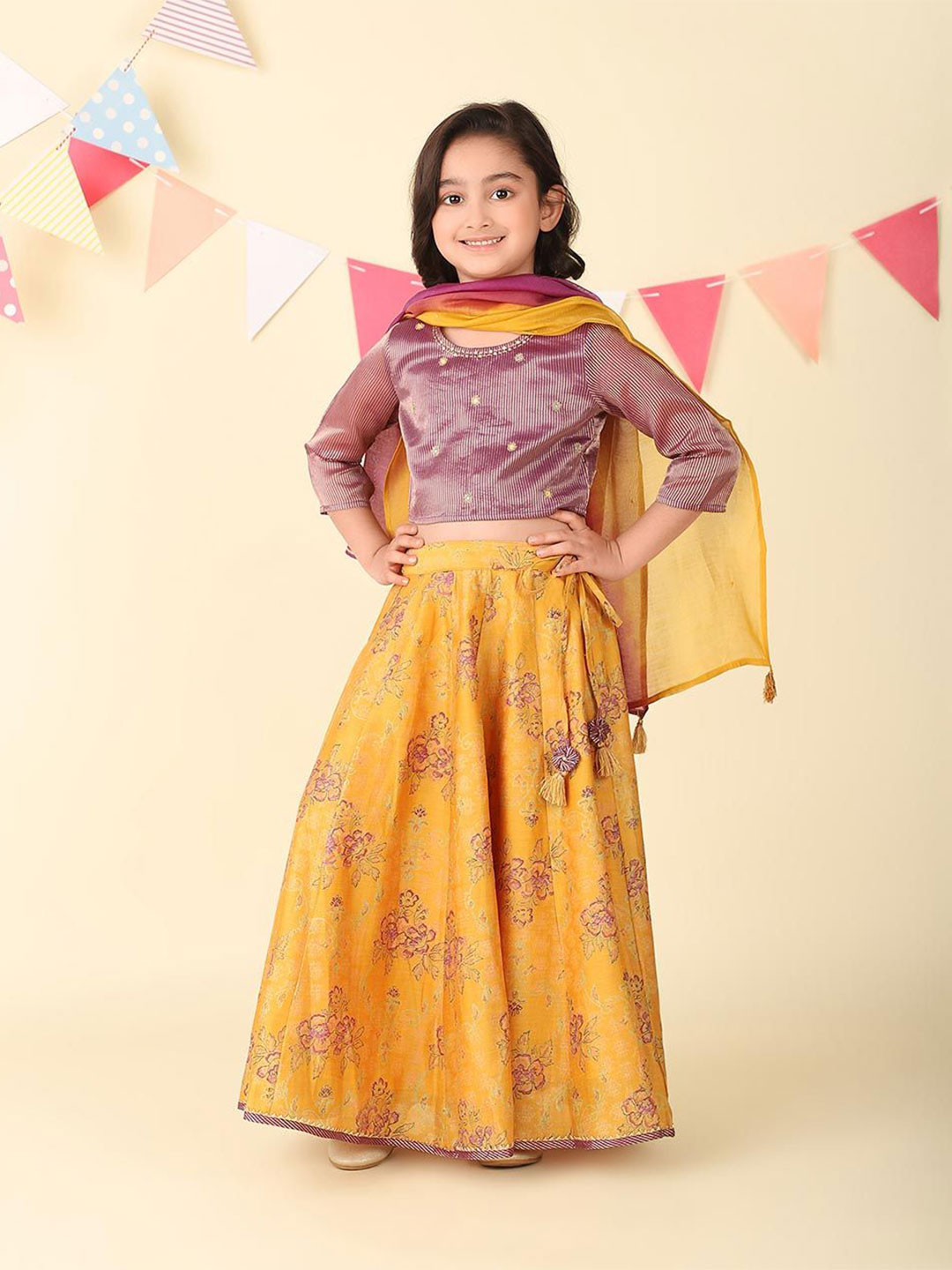 

Fabindia Girls Printed Beads and Stones Ready to Wear Lehenga & Blouse With Dupatta, Yellow
