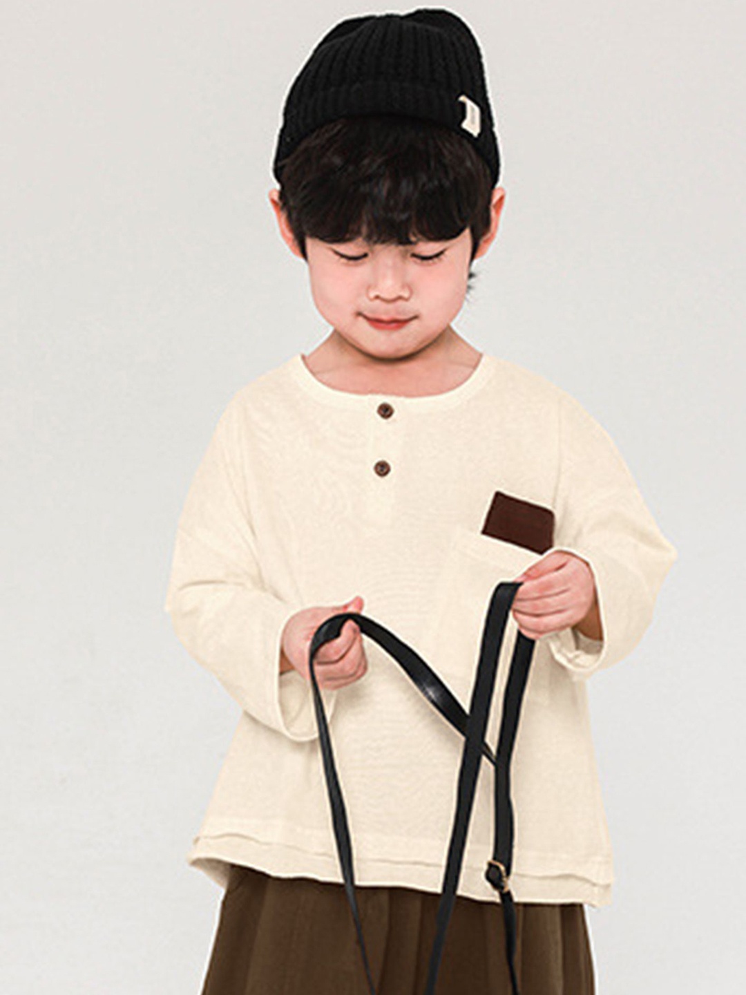 

LULU & SKY Boys Solid Henley Neck Relaxed Fit Pure Cotton Casual T-shirt, Beige