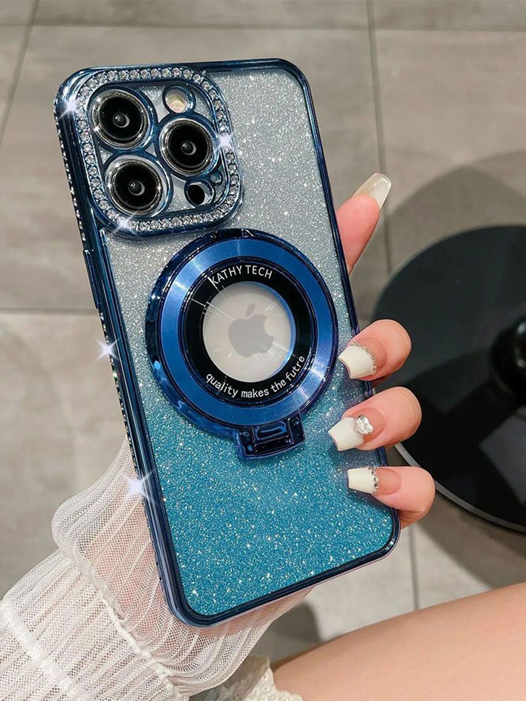 

Luxury Kase LK111 Solid iPhone 13 Pro Glitter Diamond Bracket Magnetic Holder Back Case, Blue