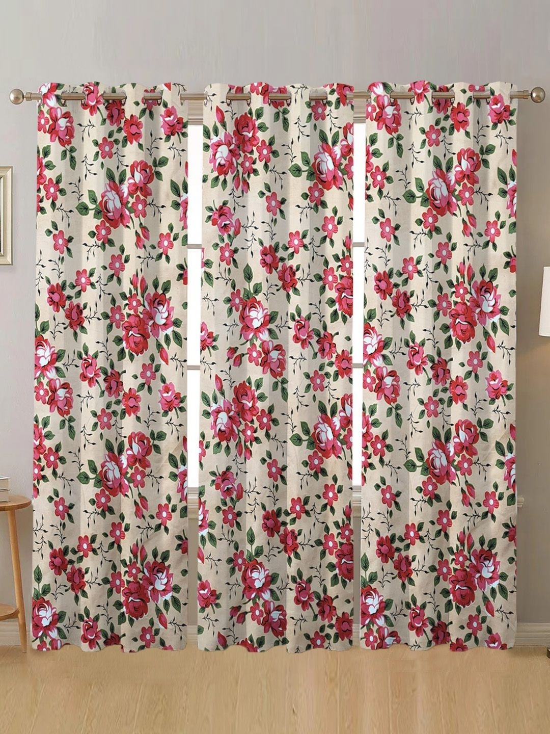 

ANA Red & White Set of 3 Floral Room Darkening Door Curtain