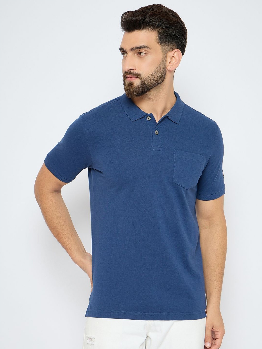 

AXMANN Men Solid Polo Collar Cotton T-shirt, Navy blue