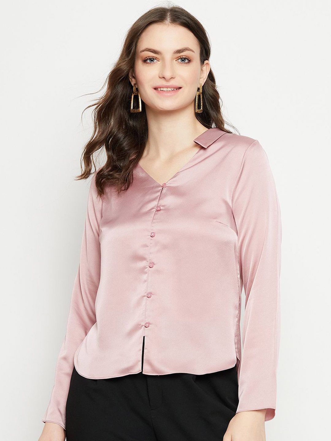 

Madame Women Spread Collar Solid Casual Shirt, Peach