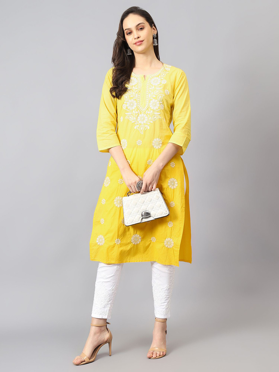 

NAZAQAT ETHNIC INDIA Floral Embroidered Chikankari Notch Neck Pure Cotton Straight Kurta, Yellow