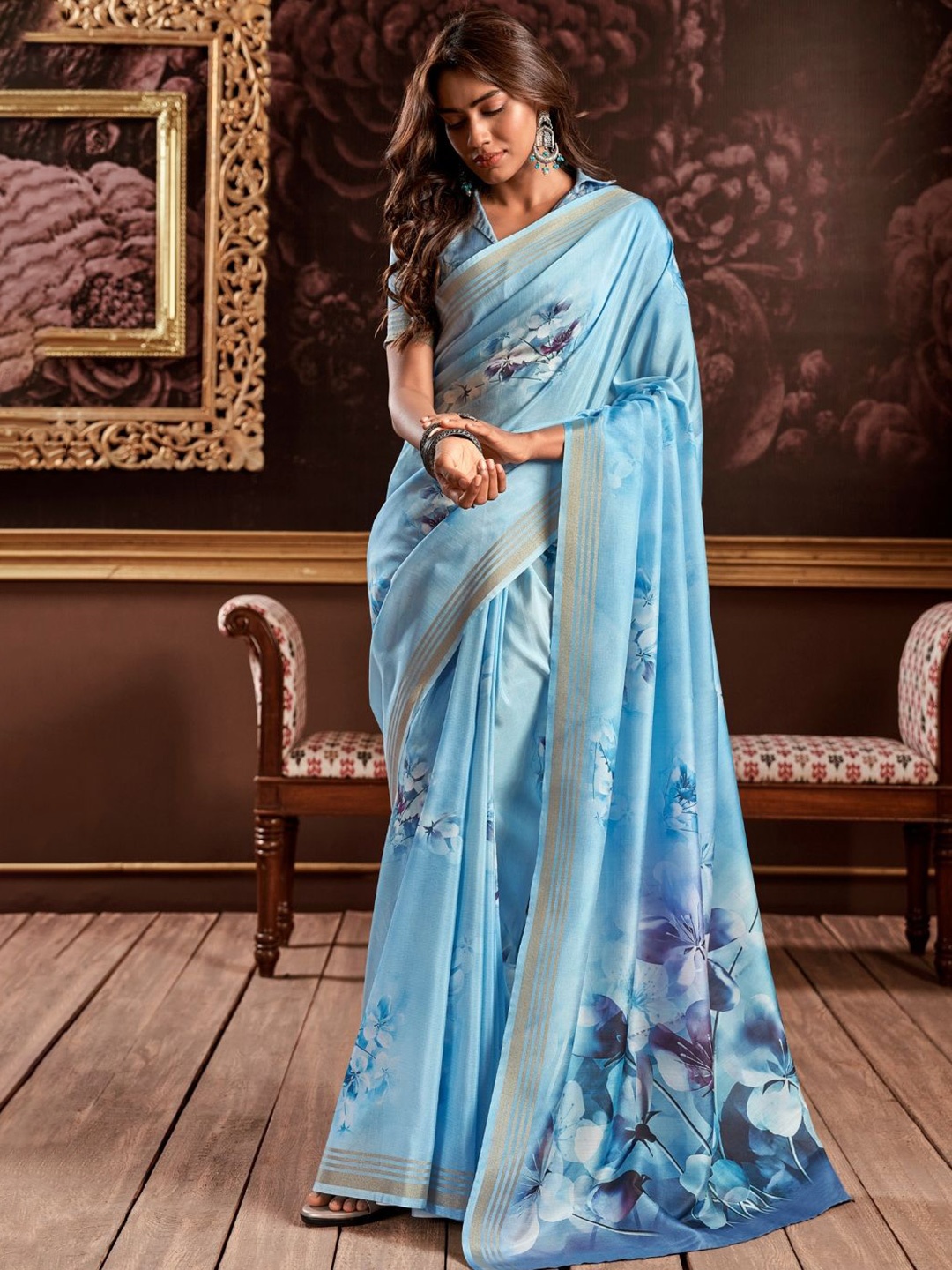 

DEVATITHI Floral Satin Saree, Blue