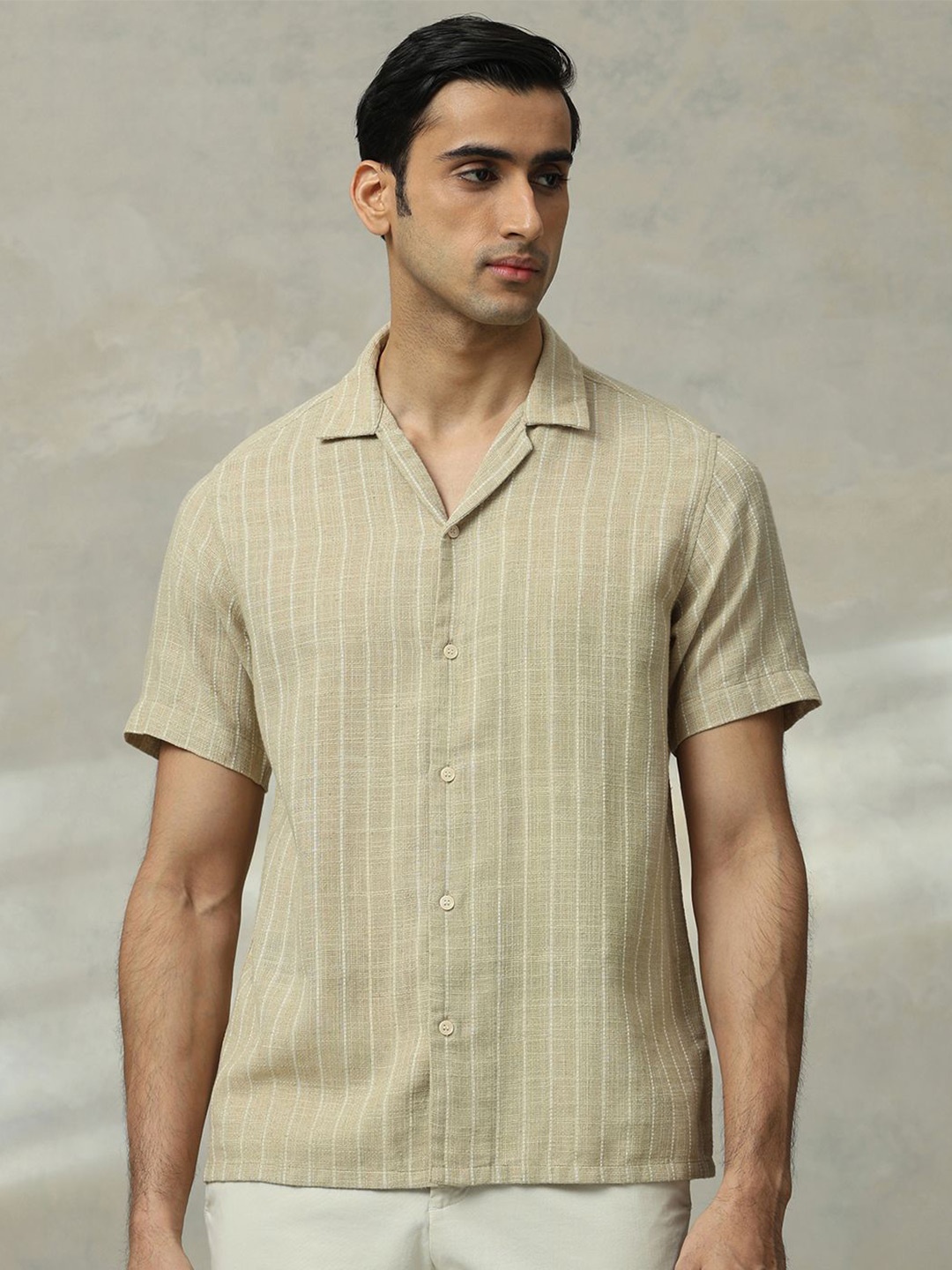 

Mufti Men Cuban Collar Vertical Striped Casual Shirt, Beige