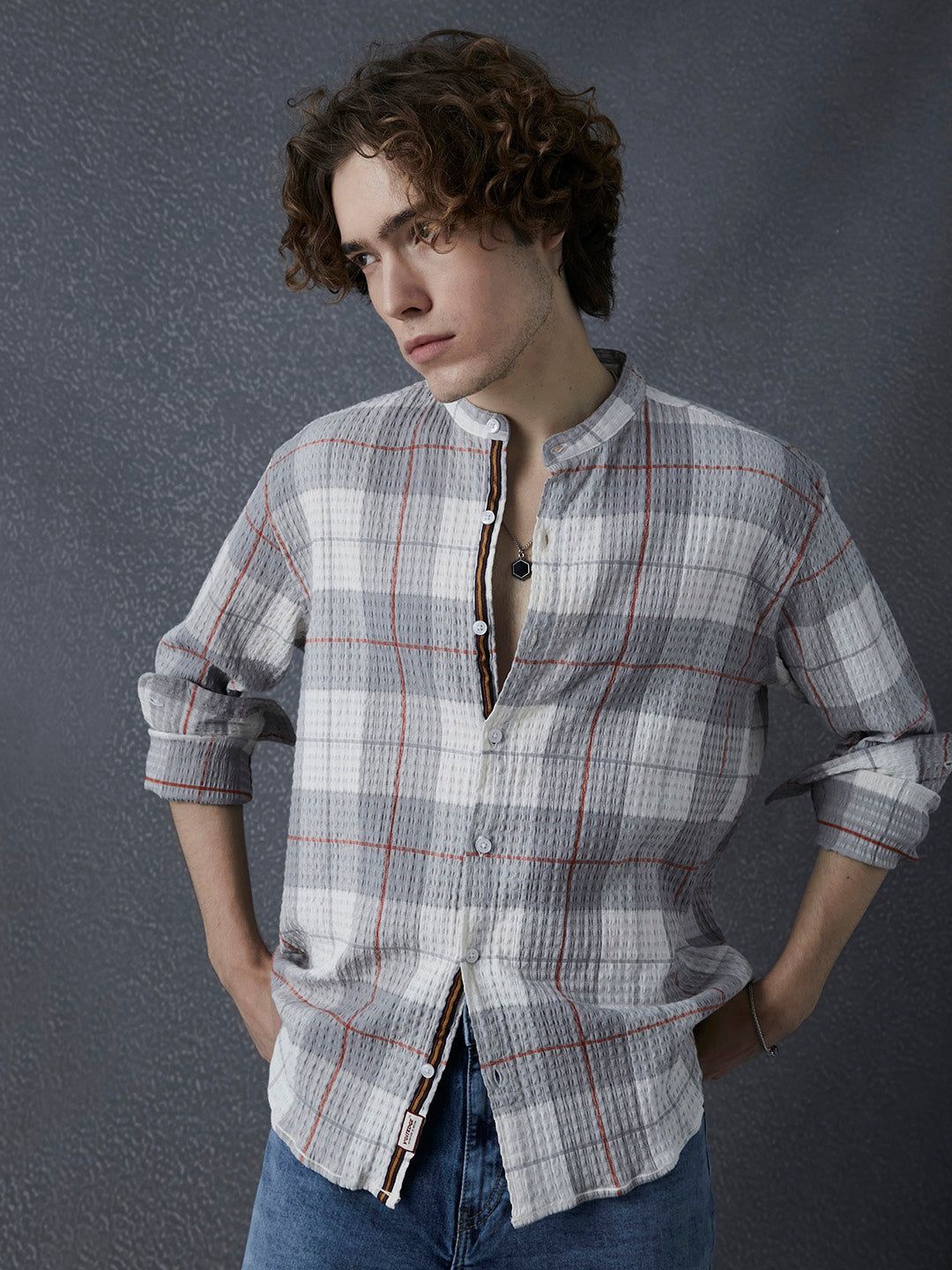 

Voltedge Men Relaxed Fit Cotton Textured Check Mandarin Collar Cotton Plaid Shirt, White
