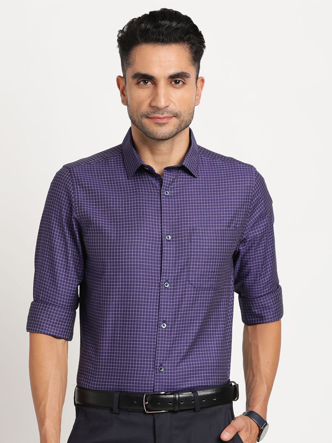 

Turtle Men Standard Slim Fit Spread Collar Micro Checked Cotton Formal Shirt, Purple