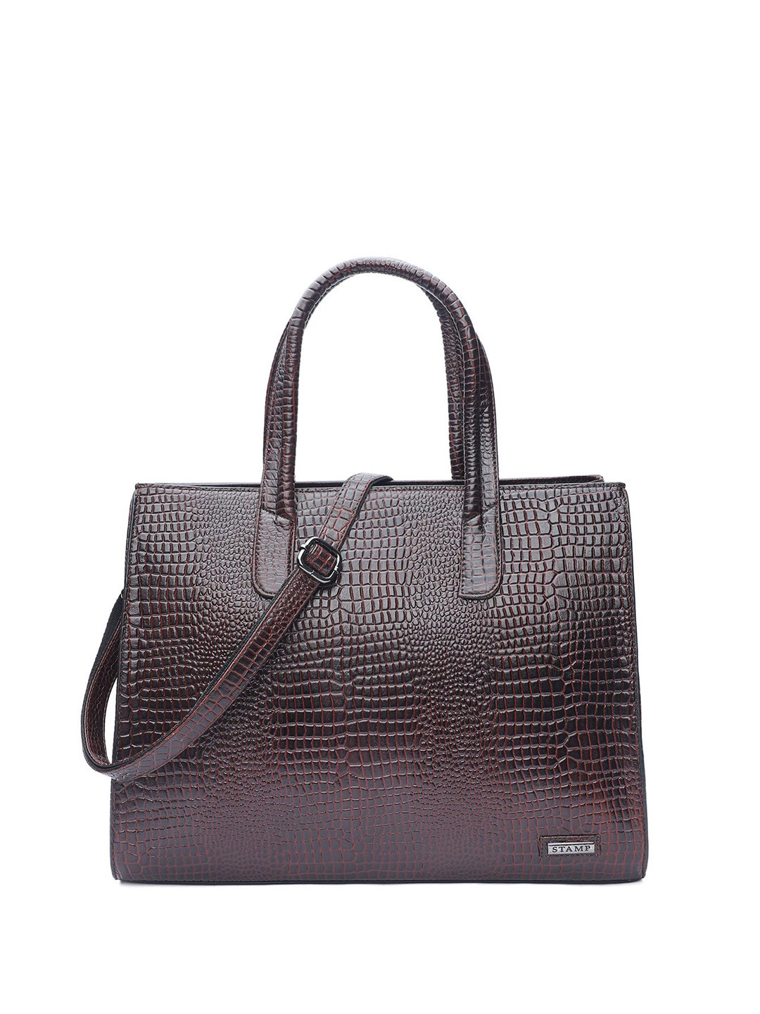 

Stamp Leather Shopper Handheld Bag, Brown