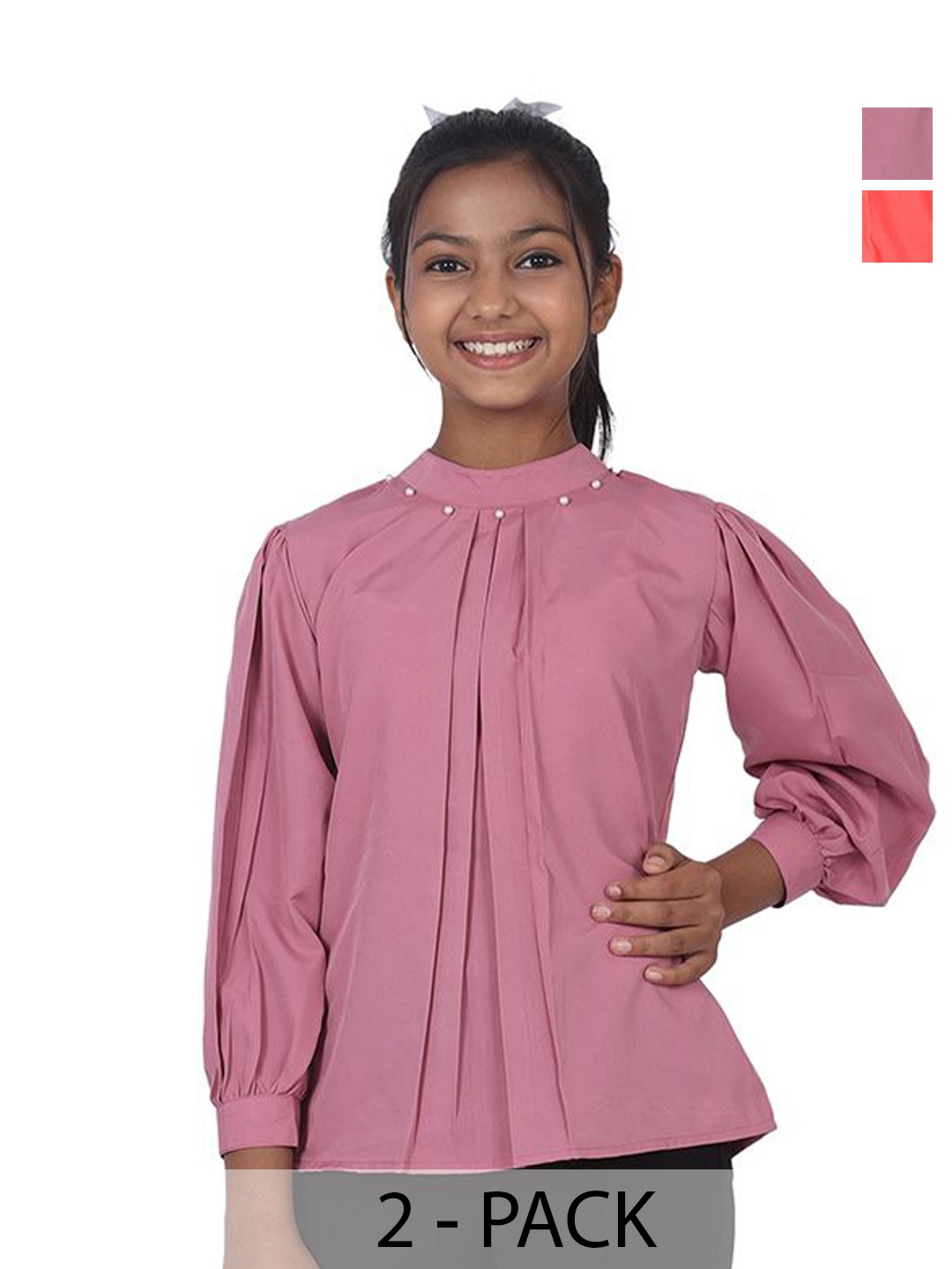 

SILK SPARROW Girls Pack of 2 Mandarin Collar Crepe Top, Peach