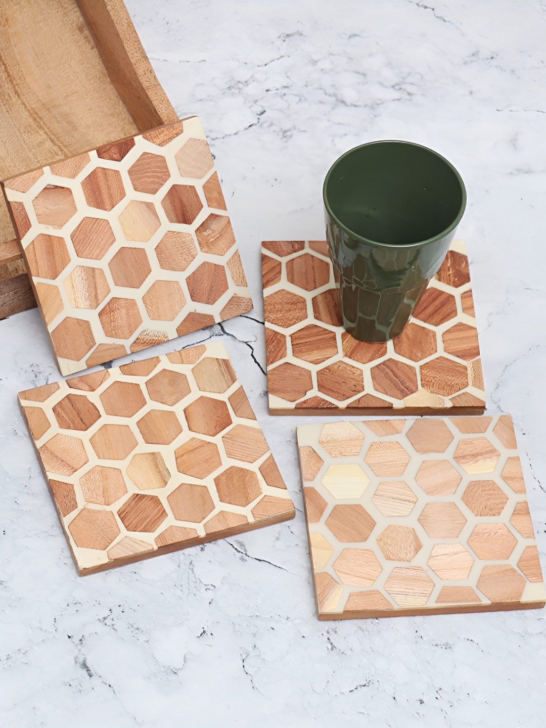 

Indianshelf Brown And Beige 4 Pieces Geometric Wood Square Coasters