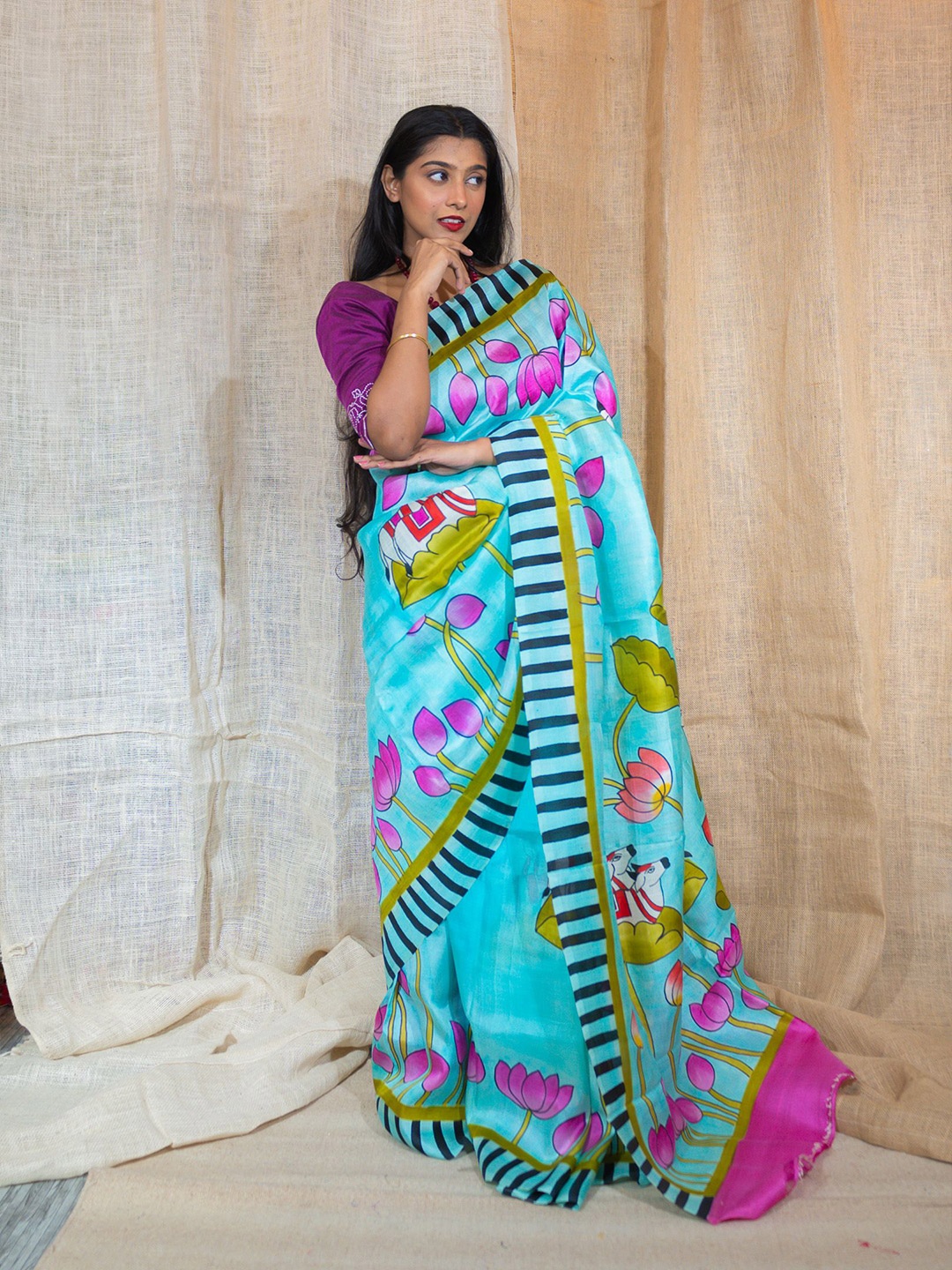 

Uttariya Floral Pure Silk Saree, Turquoise blue