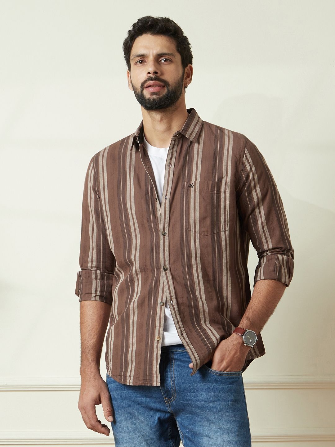 

WROGN Men Comfort Slim Fit Spread Collar Vertical Striped Cotton Casual Shirt, Brown