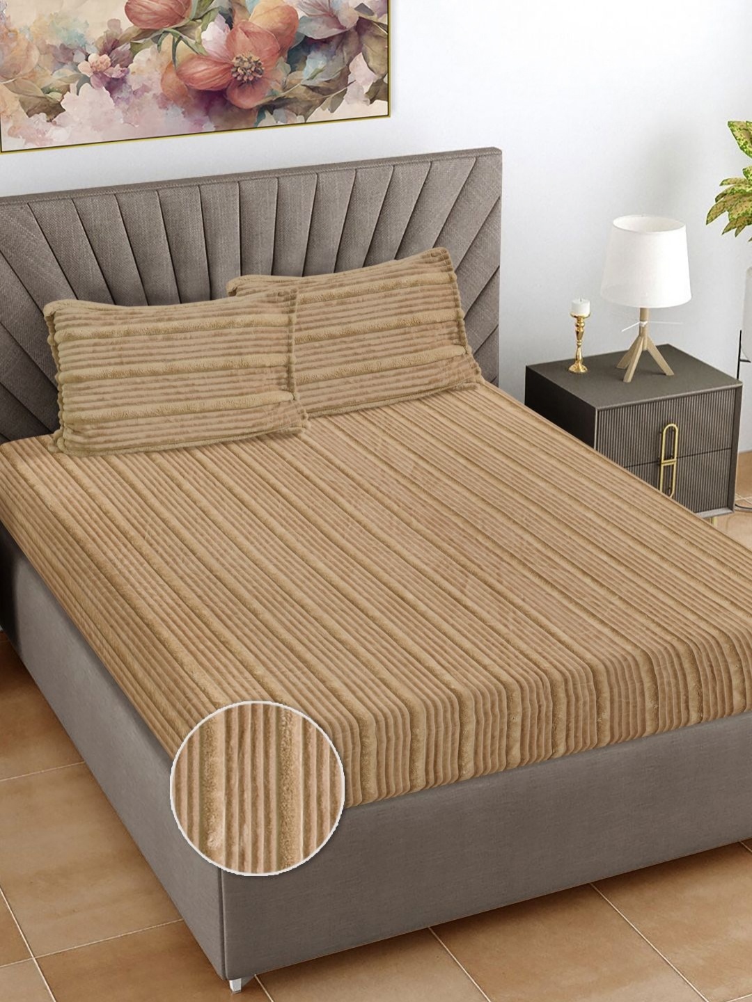 

FABINALIV Beige Striped 300 TC Woollen King Bedsheet Set 2.5m X 2.25m