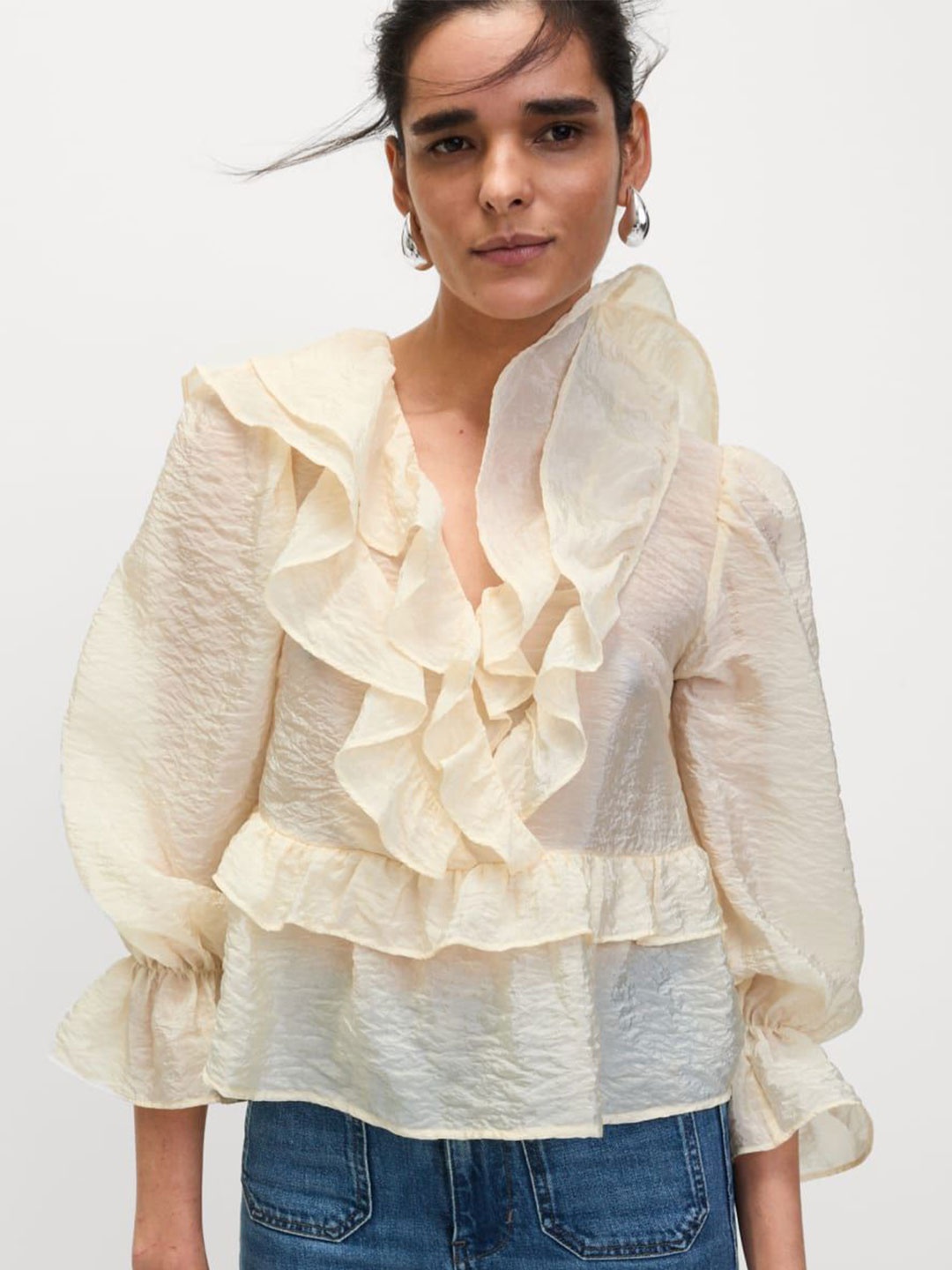 

Marks & Spencer V-Neck Frill Detail Bell Sleeve Peplum Top, Cream