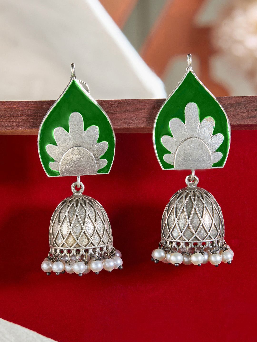 

Priyaasi Silver-Plated Dome Shaped Pearls Oxidised Jhumkas Earrings