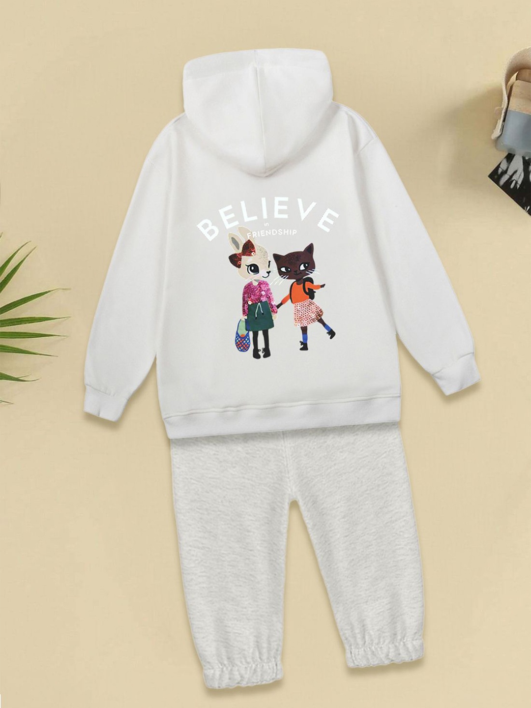 

FOREVER FRIDAY Girls Printed Hooded Pure Cotton Sweatshirt With Joggers, Grey