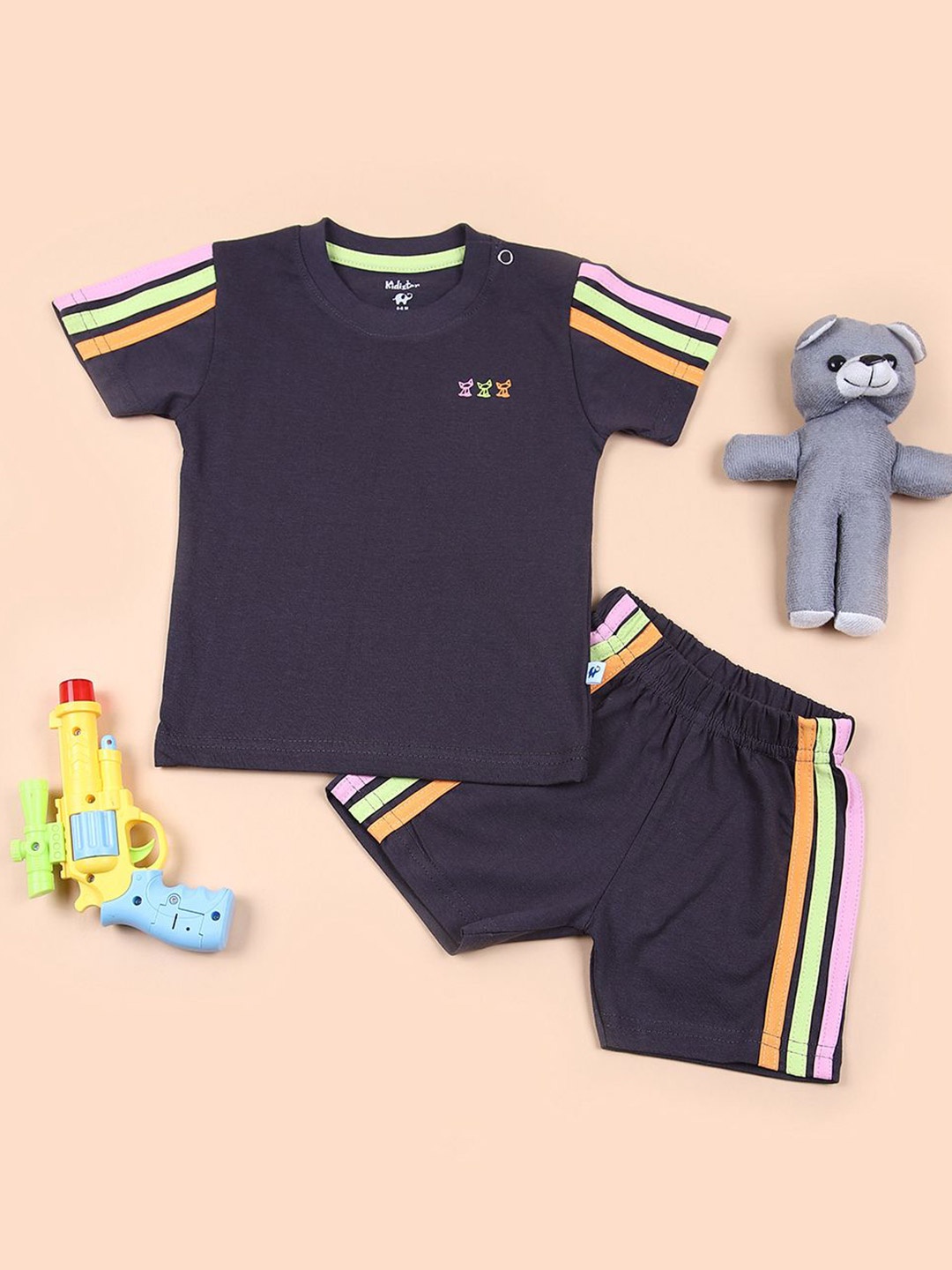 

V-Mart Boys Striped Pure Cotton T-Shirt With Shorts, Charcoal