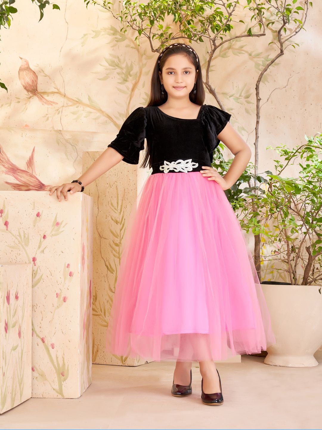 

YK Girls Self Design Maxi Dress, Pink