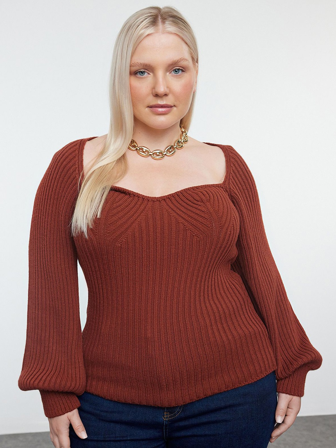 

Trendyol Women Plus Size Ribbed Pullover Sweater, Brown